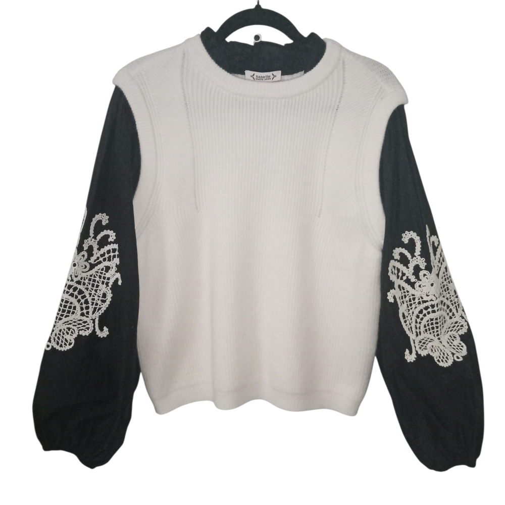 NWT Nanette Lepore Cream Knit Sweater Puff Embroidered Balloon Sleeves Size L